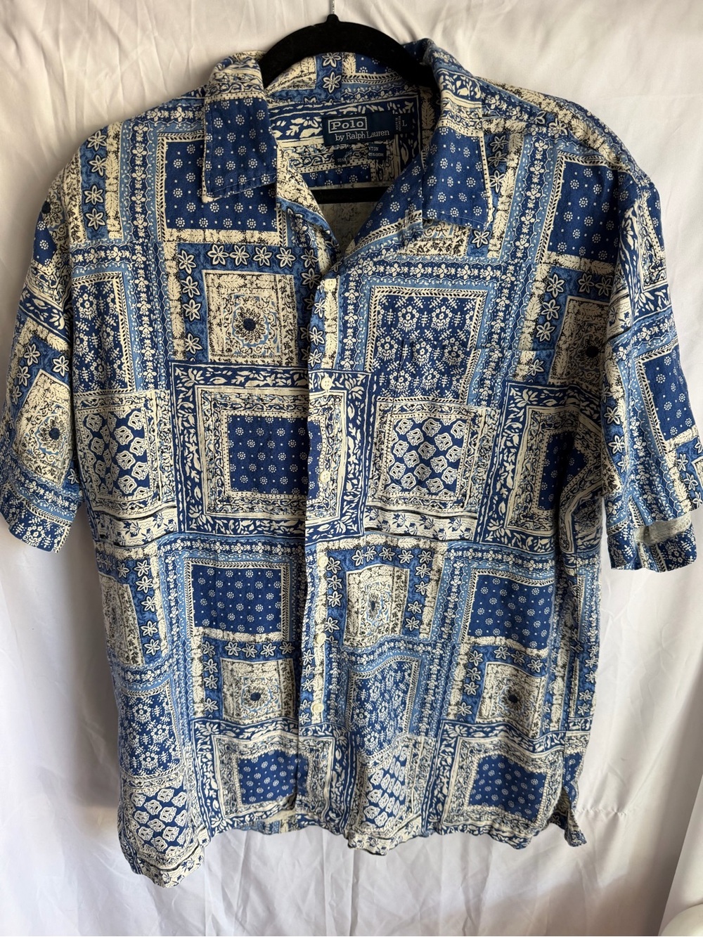 Vintage 90’s Polo Ralph Lauren Men's Blue Bandana ButtonUp Short Sleeve Shirt L